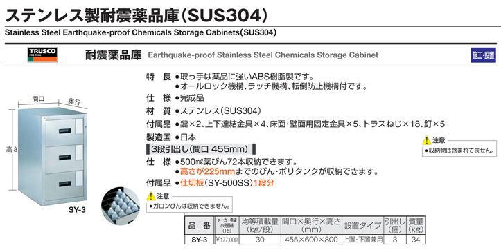 トラスコ中山 耐震薬品庫 705×600×H800 3段引出型 ステンレス薬品庫(SUS304) SYW-3 返品種別B - 3